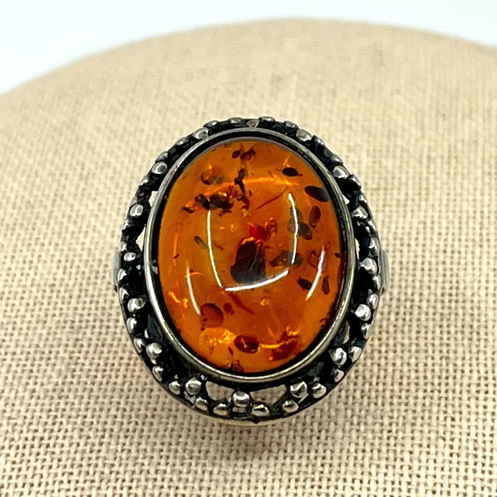 Vintage 925 Poland Baltic Amber Sterling Silver Ring, Size 5.5 - Picture 1 of 16